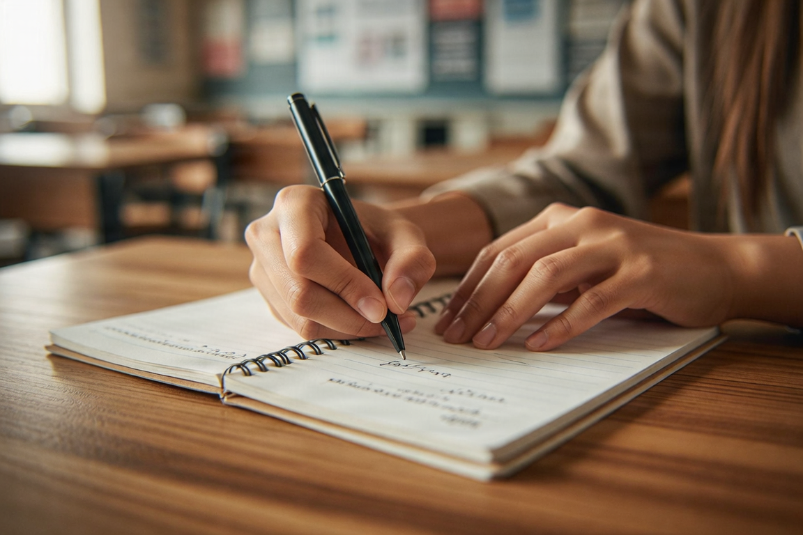 Manos escribiendo en un cuaderno durante proceso de admisión